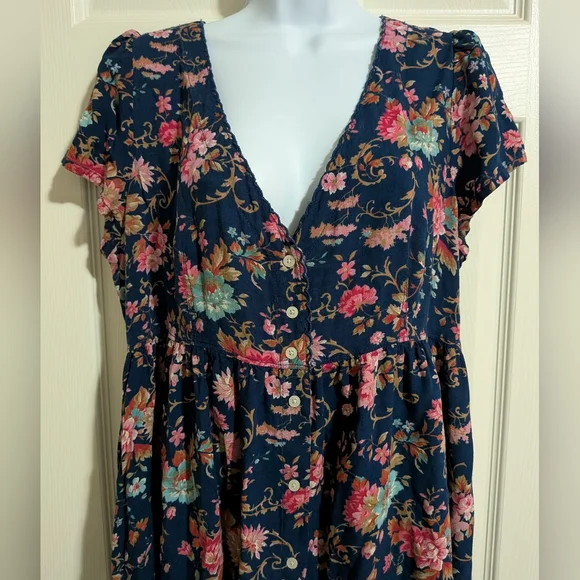 Denim & Supply Ralph Lauren XL Floral Dress Button Up Short Sleeve V Neck Blue - Picture 2 of 10